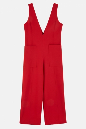 WIDE LEG OVERALL WITH DEEP V LIPSTICK RED