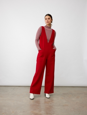 WIDE LEG OVERALL WITH DEEP V LIPSTICK RED